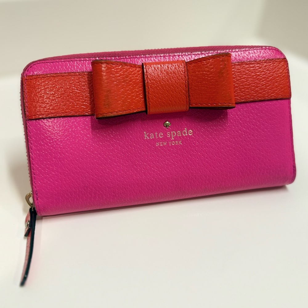 Kate Spade Colorblock Bow Leather Zip-Around Wallet | Bright Pink & Red - Picture 2 of 8